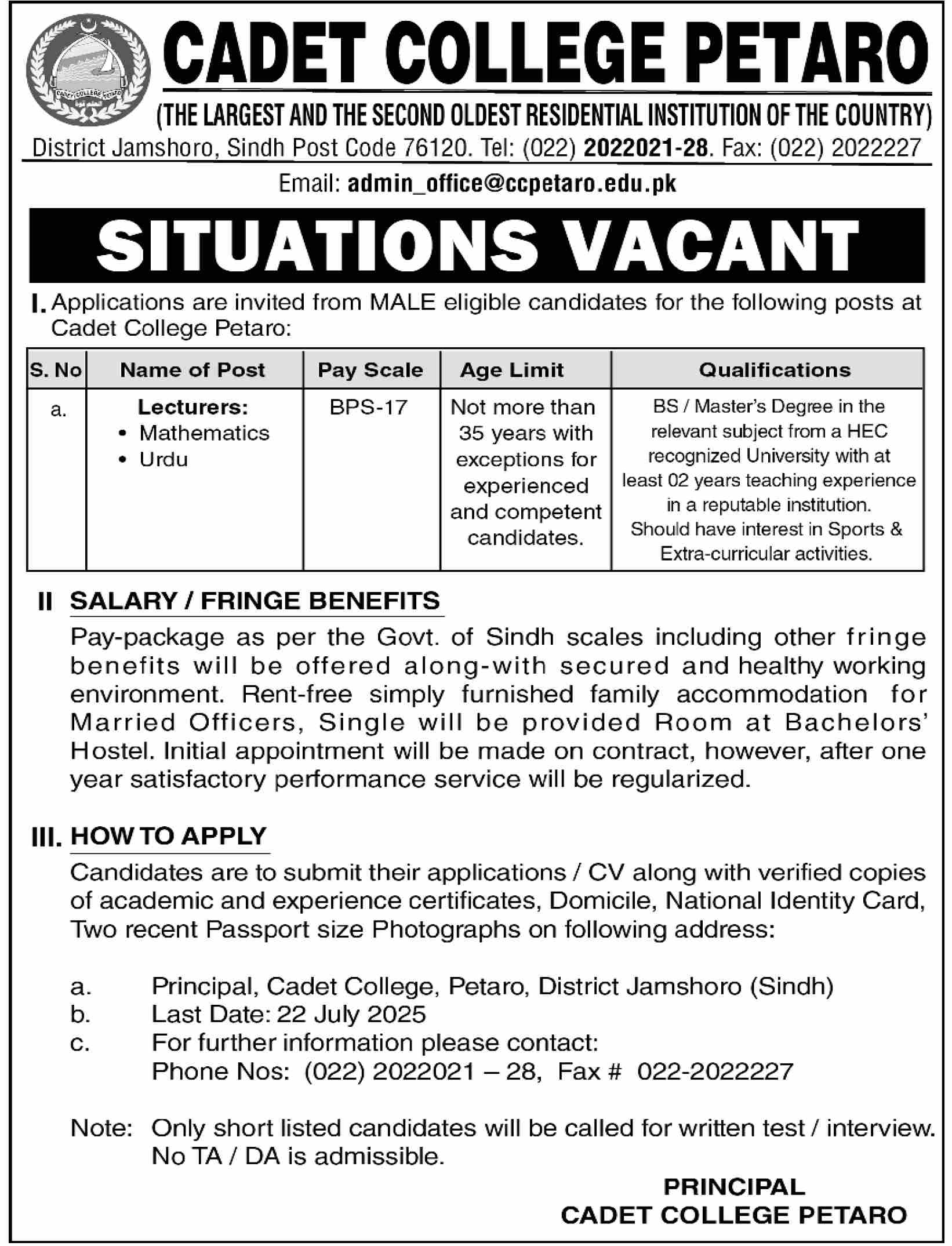 Jobs in Cadet College Petaro Jamshoro